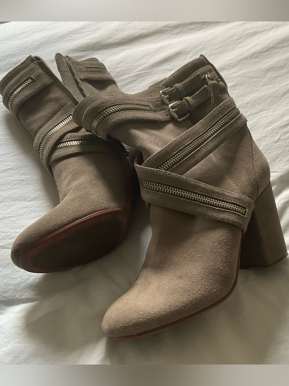 Vero Cuoio Taupe Suede Buckle & Zip Block Heel Ankle Boots